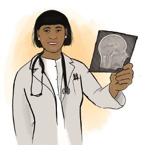 Illustration einer Ärztin mit einem Röntgenbild eines Kopfes.